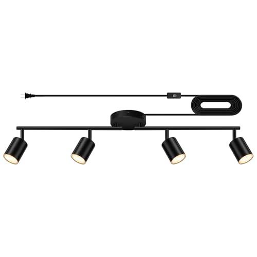 Plug in Track Lighting LED, Track Lighting Fixtures Ceiling, Black 4-Light Kitchen Light Kit, Plug in Wall Light with 14.8ft Power Cord, Rotatable Ceiling Spotlight for Bedroom(GU10 Socket, NO Bulb)