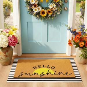 Tinideya 2 Pcs Summer Sunshine Door Mat Yellow Welcome Non Slip Coir Mats Stripe Floor Layering Doormats Seasonal for Front Porch Entryway Decor(Sunshine)