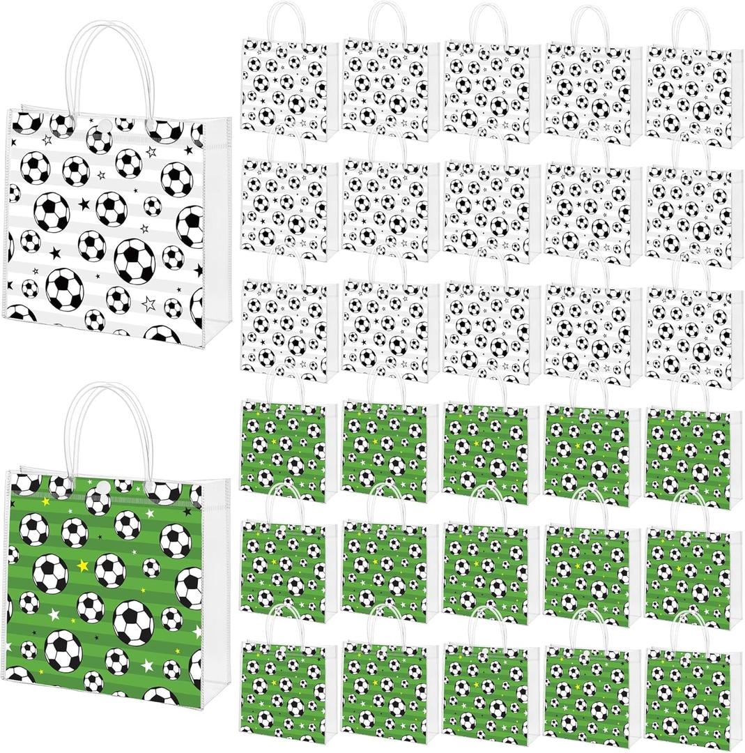 MIMIND 30 Pieces Soccer Gift Bags with Handles PVC Clear 8 x 8 x 3.15 Inch Soccer Goodie Bags Sport Themed Party Favor Treat Bag for Team Birthday Holiday Party Supplies