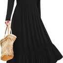 STYLEWORD Women's 2025 Fall Wedding Guest Dresses Long Sleeve Crew Neck Tiered Flowy A Line Casual Midi Dress Pockets (Black, XL)