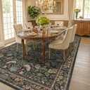 7x10 Green Washable Kitchen Table Rug for Under Table - Dark Floral Rugs for Bedroom, Dining Room, Vintage Brown Bird Patterned Living Room Carpet, Non-Slip Stain & Fade Resistant