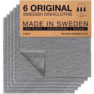 SUPERSCANDI 6 Pack Swedish Dishcloths for Kitchen - 100% Biodegradable & Compostable Reusable Paper Towels Washable, Food-Safe & Without Plastic - Dish Rags Suitable for Any Surface, Grey