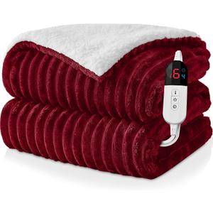 Electric Heated Throw Blanket - 50"x60" Fast Heating Bed Blankets with 6 Heating Levels & 4 Hours Auto Off, Soft Ribbed Flannel Sherpa, Over-Heated Protection ETL, Red