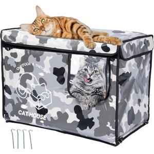 Indestructible Cat House Outdoor with Two-Sided Escape Door, Insulated and 100% Waterproof, Outside Weatherproof Feral Cat Shelter for Winter, Oxford Cloth Upgraded(Camouflage, L)