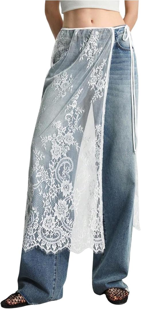 MakeMeChic Women's Lace Skirt Floral Mesh Wrap Tie Side Elegant Coverup Fall Skirts (Large, White)