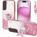 for Samsung Galaxy S22 Plus Phone Case,for S22+ Mobile Phone Case for Women and Girl, Glitter Butterfly Floral TPU Protective Cover with Kickstand+Strap for Samsung S22 Plus (Pink)