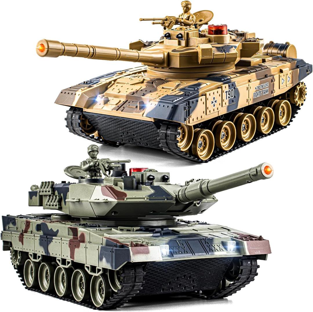 1/24 RC Battle Tank Set, Remote Control Russian T90 and German Leopard II Tank Model That Shoots for Kids and Adults, 2.4Ghz Army Toy for Boys 6+ Year Old with Smoke, Sound Effects and Lights