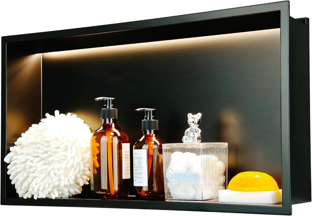 Shower Niche No Tile Needed with Waterproof LED Light Strip for Bathroom Storage Bathroom for Shower Wall Lighted NichesStainless Steel Waterproof ShelfMatte Black 24 x 12 in
