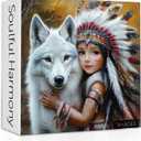 White Wolf Puzzles for Adults 1000 Pieces, Native American Woman Jigsaw Puzzles, Vintage Forest Wildlife Animal Puzzle as Home Decor