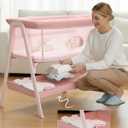 Baby Bassinet, Bedside Bassinet for Baby, Bassinet Bedside Sleeper with Mattress, Storage Basket and 4 Auto-Lock Wheels, Full-Mesh Sides, Bedside Mini Crib for Newborn (Pink)