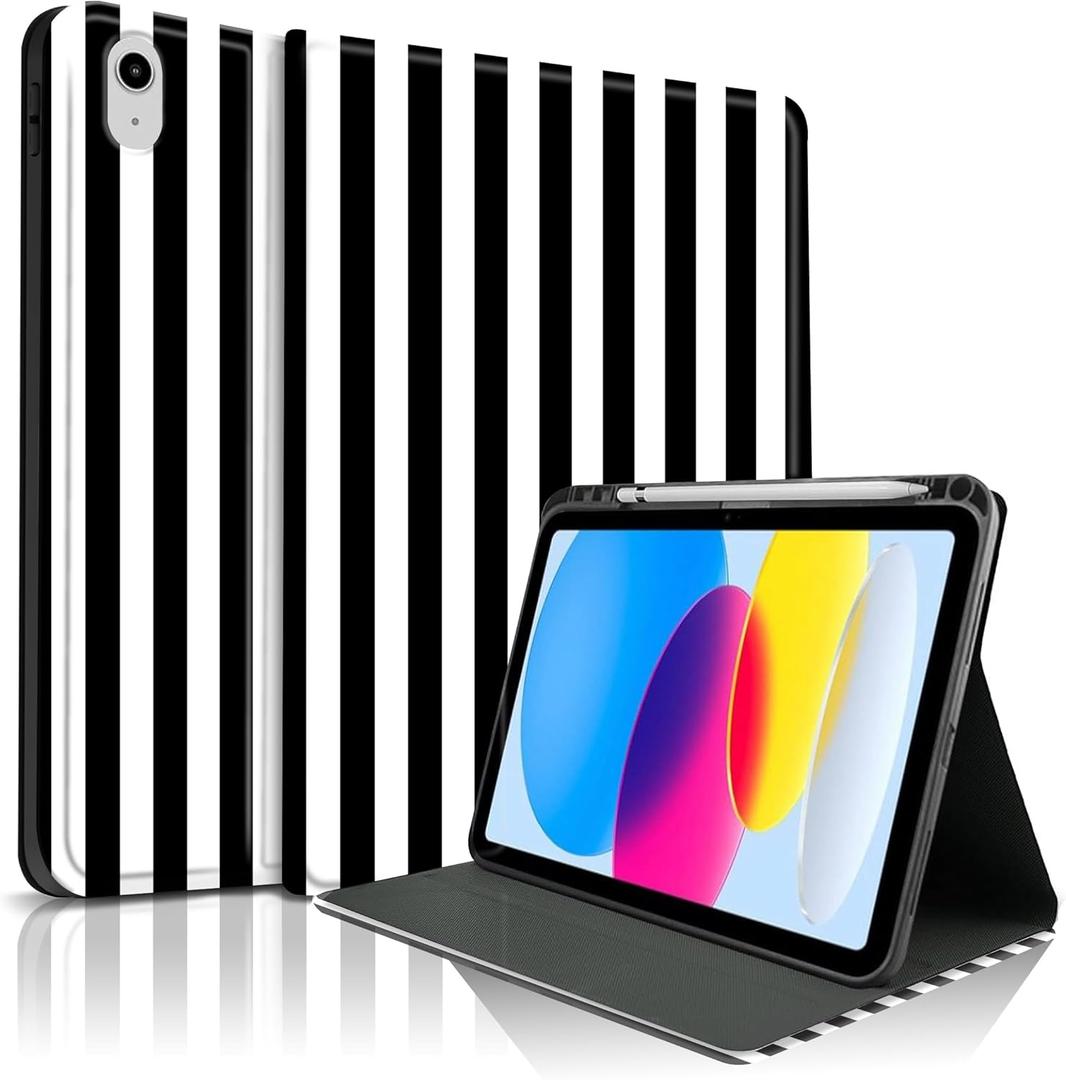 TopPerfekt Case for iPad 11th (A16) 11-inch 2025/10th Generation 10.9-inch 2022,Striped Cute Girly Collegiate Style Case with Pencil Holder for Kids, Boys, Girls, Anti-Slip/Anti-Shock-Black White