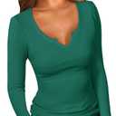 PALINDA Women Fitted Long Sleeve Shirts Ribbed Notch V Neck T Shirts Layering Tee Tops Cotton Dark Green S (S)