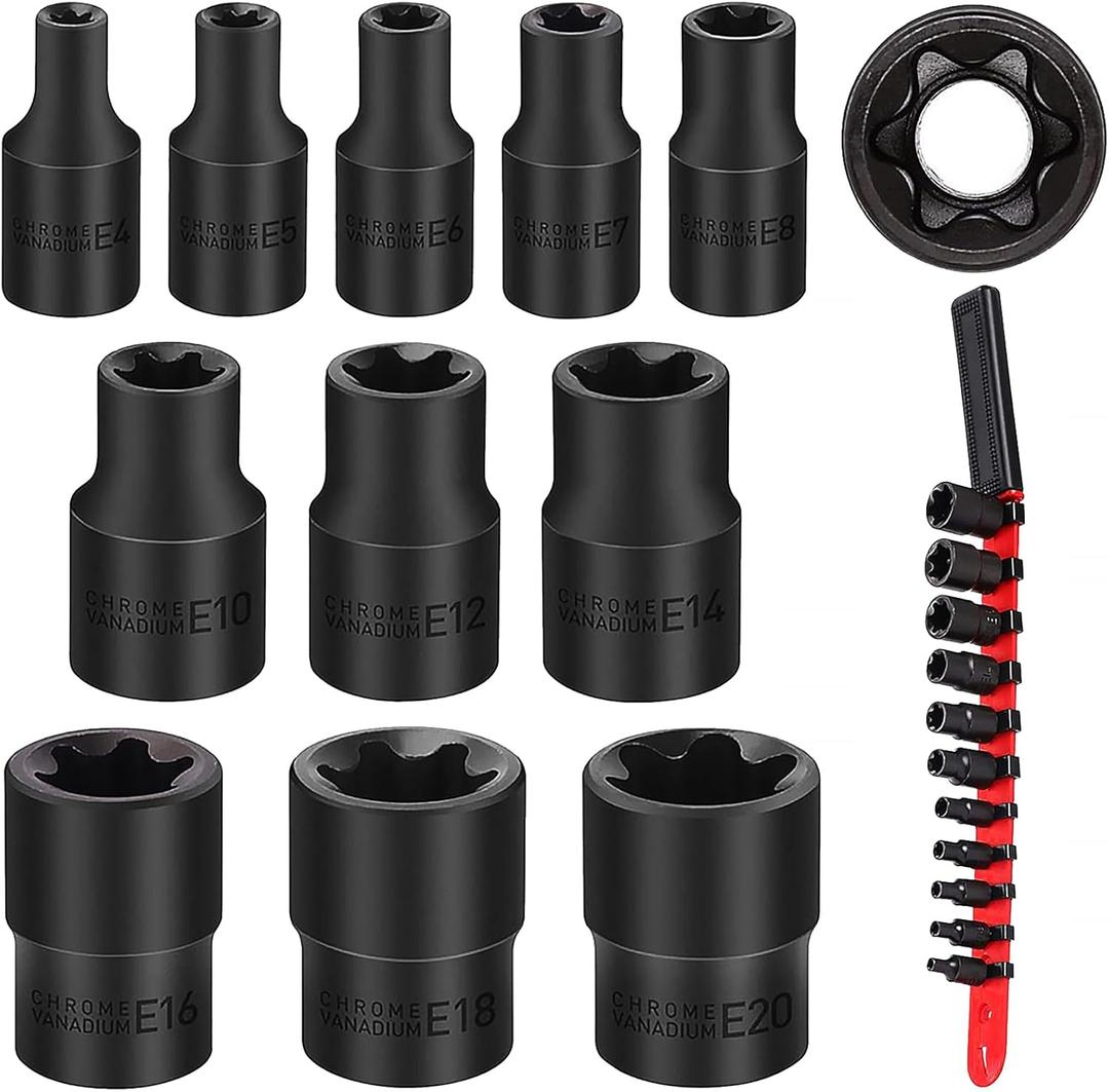 SEDY 11-Piece E-Torx Socket Set - Star Sockets Set with Socket Rail, External Torx Socket with Organizer, External Socket-Set, E4 E5 E6 E7 E8 E10 E12 E14 E16 E18 E20 Reverse Sockets Set