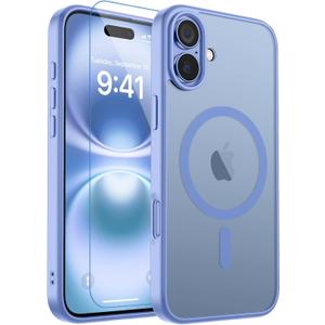 zapica Magnetic for iPhone 16 Case, [Compatible with MagSafe] [with 1 Tempered Glass Screen Protector] Translucent Matte Shockproof Anti-Scratch Phone Cover, Blue Purple