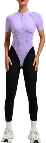 EFOGEP Women's Short Sleeve Workout Jumpsuits for Women, One Piece Yoga Romper Bodycon Unitard with Backless Design Purple L
