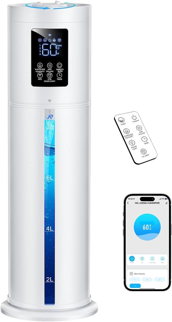 2.1Gal/8L Smart Humidifier Large Room, Top Fill Humidifiers for Bedroom with Diffuser, 7 Color Lights, 16H Timer, Auto Mode, APP Remote Control, 4 Levels Cool Mist Air Humidifier for Plants Home Office