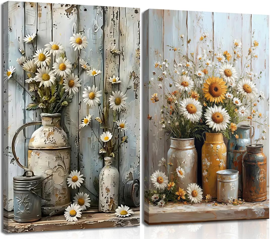 Farmhouse Daisy Floral Canvas Wall art Vintage Rustic Painting Prints Country Flower Still Life Botanical Wall Decor Rust Color Watering Can Poster Picture for Bathroom Living Bedroom Wood Framed