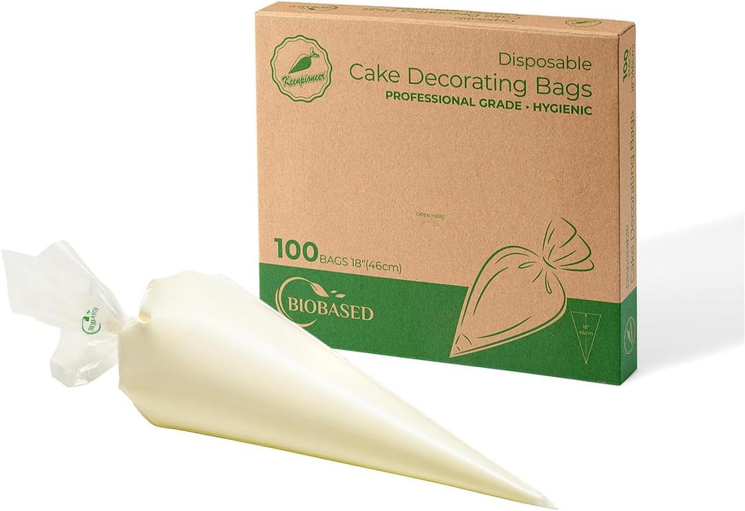 Keenpioneer 18-Inch Piping Bags, Large Capacity, Biobased Disposable Cake Decorating Pastry Bag - Pack of 100