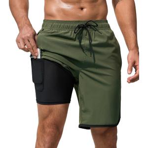 Mens Swim Trunks with Compression Liner 9 Inch Quick Dry Bathing Suit Board Shorts with Zipper Pockets (32, A-army Green)
