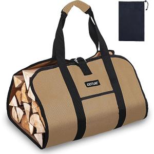 Goture 16oz Waxed Canvas 38.5×18 inch Firewood Carrier Heavy Duty Log Carrier Large Firewood Bag with Open-Side Firewood Storage Tote for Camping Indoor Black with Kindling Bag