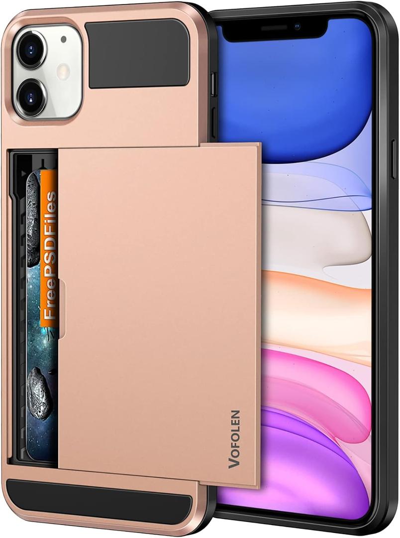 Vofolen Case for iPhone 11 Case Wallet Credit Card Holder ID Slot Sliding Door Hidden Pocket Anti-Scratch Dual Layer Hybrid Bumper Armor Protective Hard Shell Back Cover for iPhone 11 6.1 Rose Gold