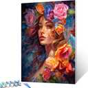 Romantic Pink Rose Paint By Bumbers for Adults Beginner America Girl with Flower Head DIY Paint by Numbers Acrylic Paint Canvas Boho Floral Paintwork Farmhouse Bedroom Decor Kits Gift(16x20 Inch) (Artwork-12)