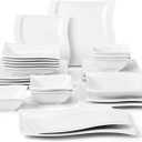MALACASA Plates and Bowls Sets, 26 Pieces Ivory White Porcelain Dinnerware Sets without Mugs, Square Dinnerware with Dinner Plates, Bowls and Serving Platters, Modern Dish Set for 6, Series Flora