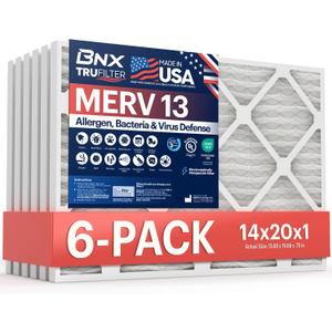 BNX TruFilter 14x20x1 Air Filter MERV 13 (6-Pack) - MADE IN USA - Electrostatic Pleated Air Conditioner HVAC AC Furnace Filters for Allergies, Pollen, Mold, Bacteria, Smoke, Allergen, MPR 1900 FPR 10