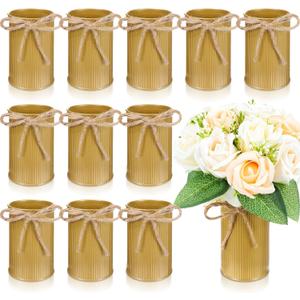 Domensi 4.33 Inch Petite Farmhouse Vase Decor Vintage Flower Vase with Twine Bow Rustic Galvanized Metal Buckets for Artificial Flowers for Table Centerpiece Weddings(Gold,12 Pcs)
