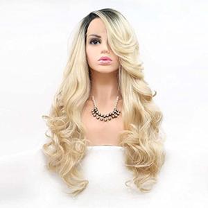 Melody Blonde Wig With Dark Roots Long Wavy Gold Synthetic Lace Front Wigs For Women 180% Density Side Part with Upsweep to Make Face Smaller Heat Resistant Fiber Hair 24 inch