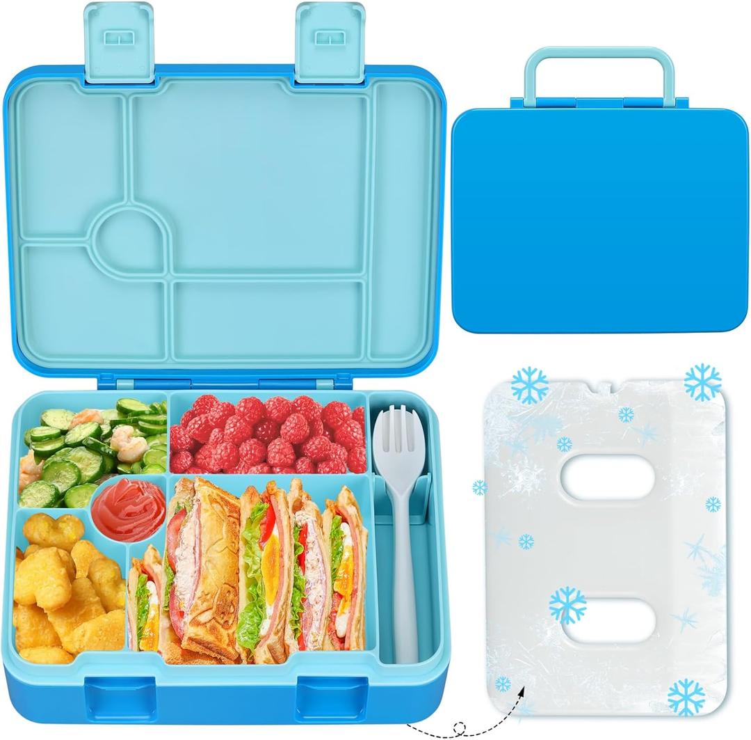 Kids Bento Lunch Box with Ice Pack, 5 Compartments Leak-Proof Bento Box with Utensils, 5.5-Cup Capacity for Adults & Ages 8+, BPA Free, Microwave & Dishwasher Safe, Blue