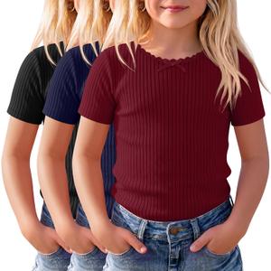 3 Pack Girls Short Sleeve Shirts Ribbed Knit Crew Neck Lace Trim Tops Slim Fit Casual Summer T-Shirts Tees for Kids