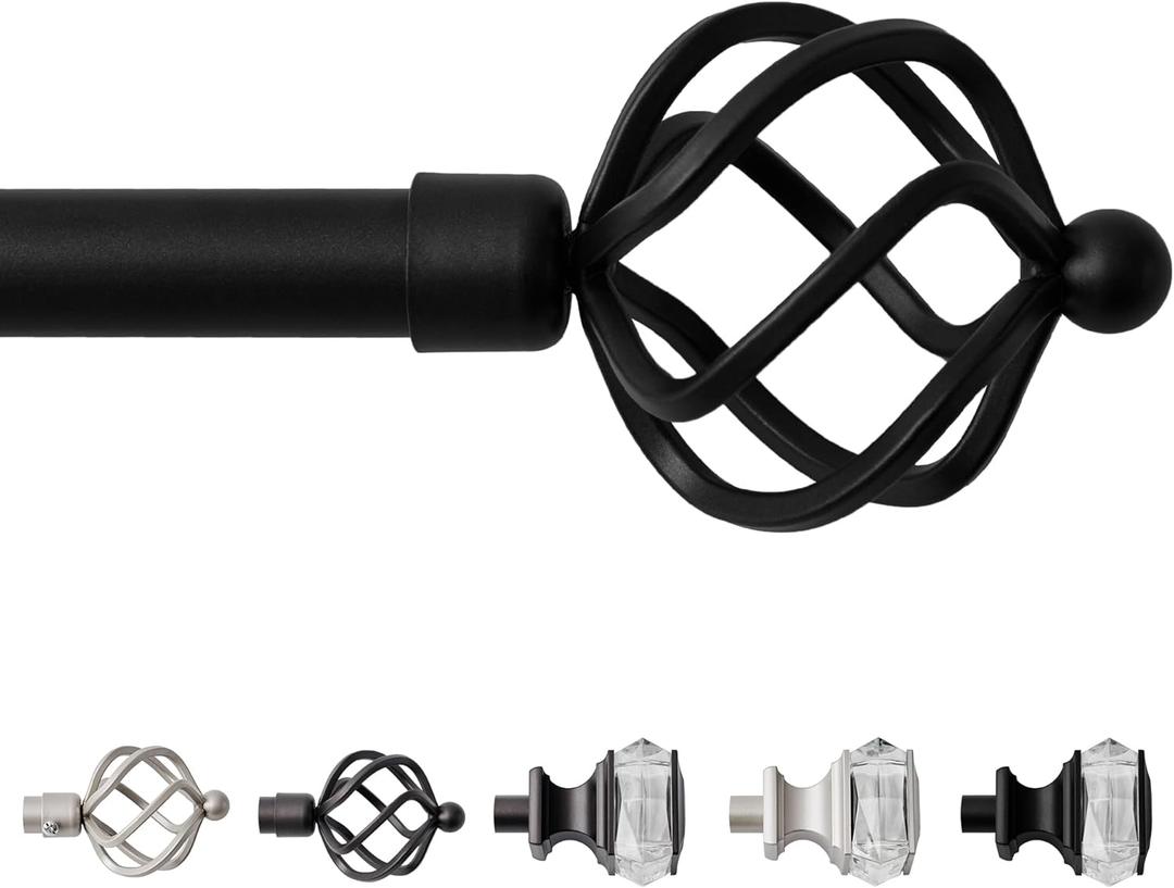 Sharpliving Black Curtain Rod for Living Room 48 to 84 Inch Long, 1 Pack 3/4 Inch Diameter Single Adjustable Bedroom Window Curtain Rod with Brackets, Decorative Curtains Rods with Spiral Finials