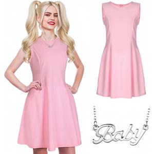 2 Pcs 90s Sweet Women Costume Pop Star Costume Boat Neck Pink Dress with Pendant Necklace for Halloween Cosplay (L)