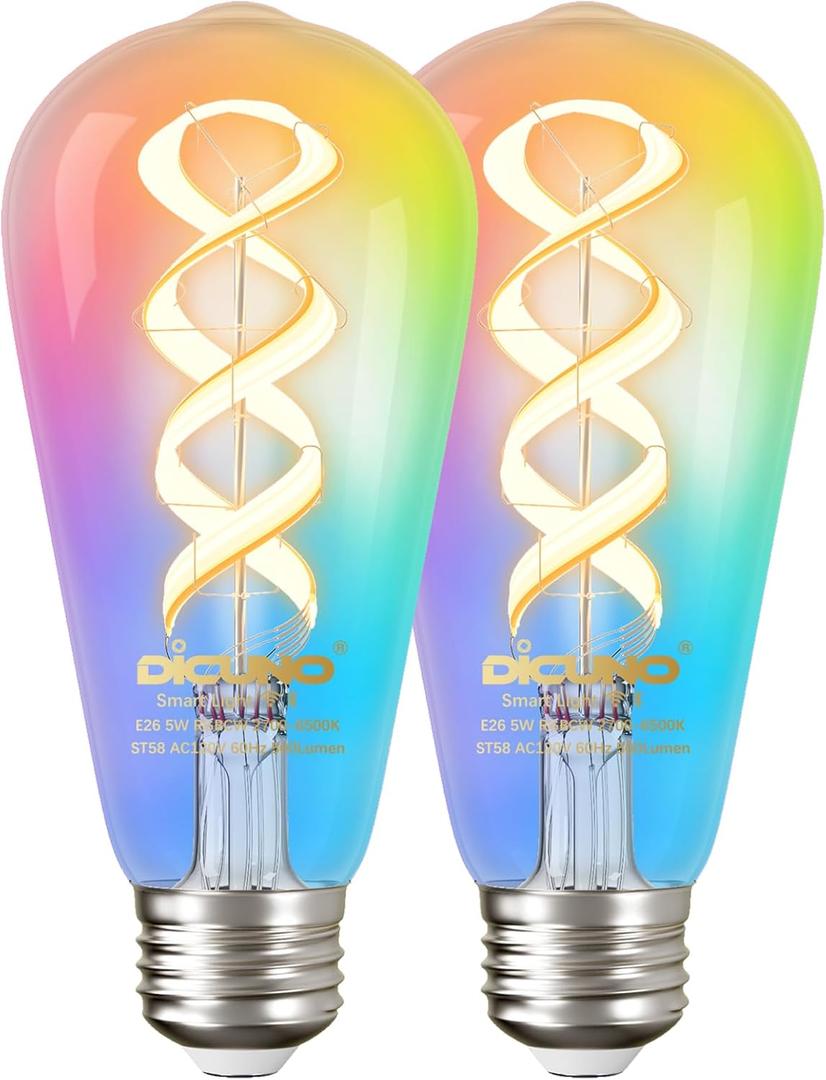 DiCUNO Smart Edison Bulbs ST19, Color Changing WiFi Smart Light Bulb, 2700K-6500K Tunable via App, ST58 Edison Bulb, Compatible with Alexa & Google Home, 5W (50 Watt Equivalent), 500lm, 2-Pack