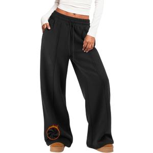 Womens Wide Leg Sweatpants Fleece Lined Baggy Pants Drawstring Athletic Joggers Fashion Winter Outfits (Large, Black)