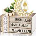 Ramadan Decorations for Home Eid Mubarak Decorations Wood Ramadan Table Sign Golden Moon Eid Tiered Tray Sign for Islamic Muslim Table Indoor Shelf Office Gifts