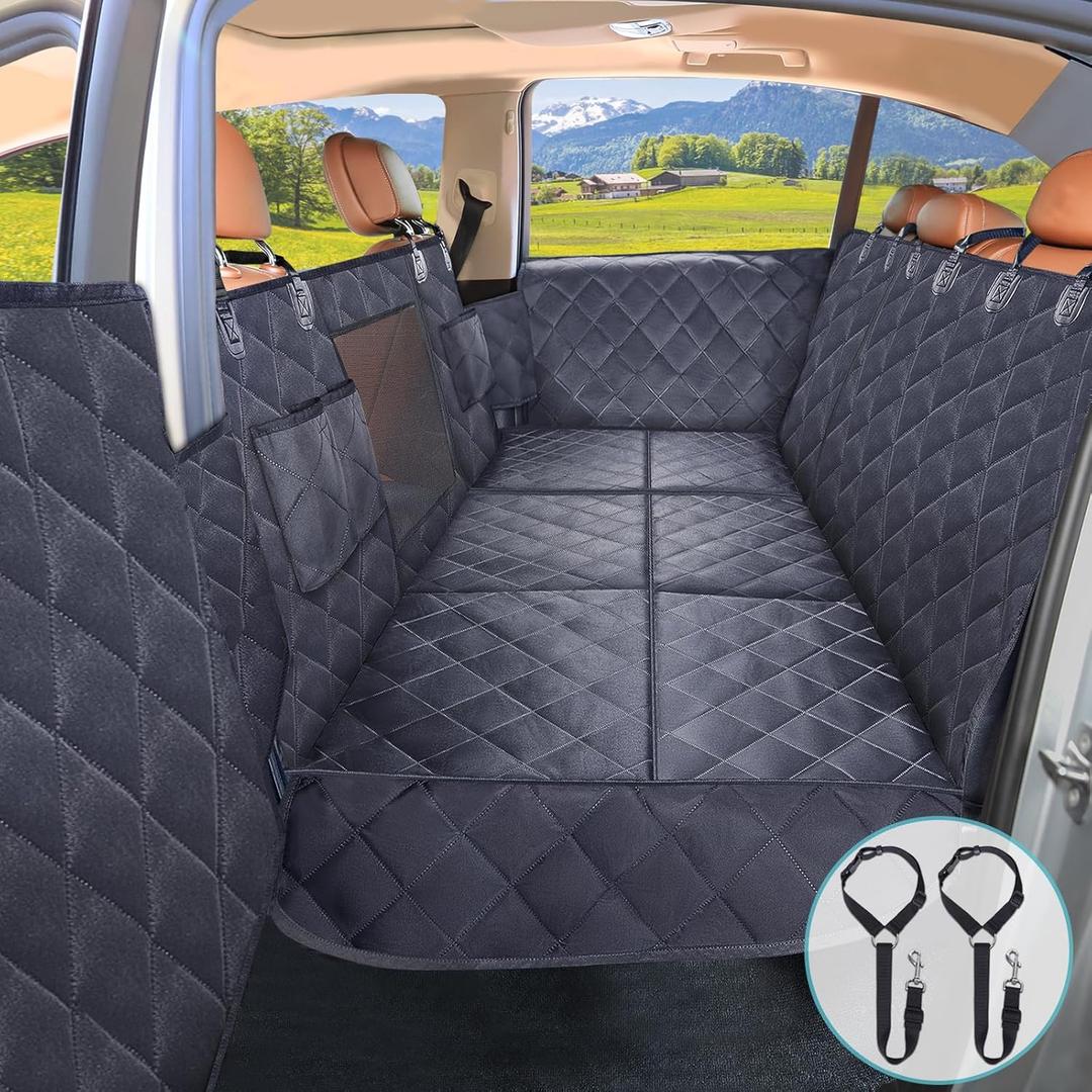 Back Seat Extender for Dogs + 2 Dog Seat Belts, Waterproof Heavy Duty Hard Bottom Car Seat Cover for Dogs with Door Protector Cover & Mesh Window | Dog Hammock for Car Pet Seat Protector for Car/Suv (Black)