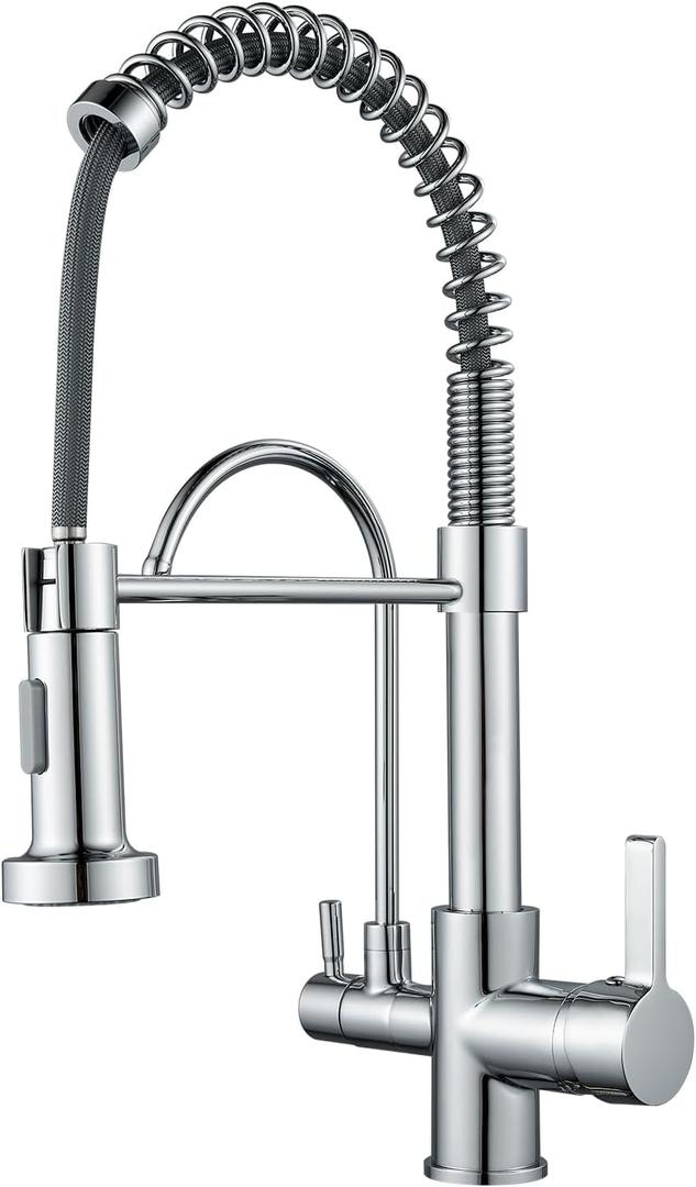 MENATT 3 in 1 Kitchen Faucet with Drinking Water Faucet, Pull Down Double Handle Filtration Kitchen Faucet Chrome (Without Water Filtration Device)