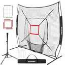 BaseGoal 7'×7' Baseball Softball Practice Net,Baseball Backstop,with Batting Tee,for Hitting Pitching Batting Catching with Bow Frame,Bonus Strike Zone