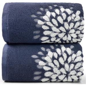 Cute Bath Towels Set of 2 (Denim Blue) - Large 55 x 28, Decorative Hydrangea Floral Jacquard, Bathroom & Guest Room Decor, Cotton