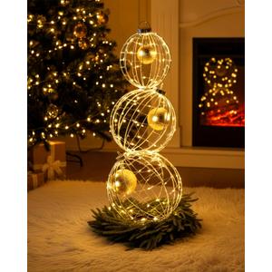Set of 3 Christmas LED Light Balls Outdoor Decorations, Hanging Christmas Front Door Yard Twinkle Ornaments Set Sphere Light Decorations for Xmas Holiday Garden Patio Outside Decor, Warm