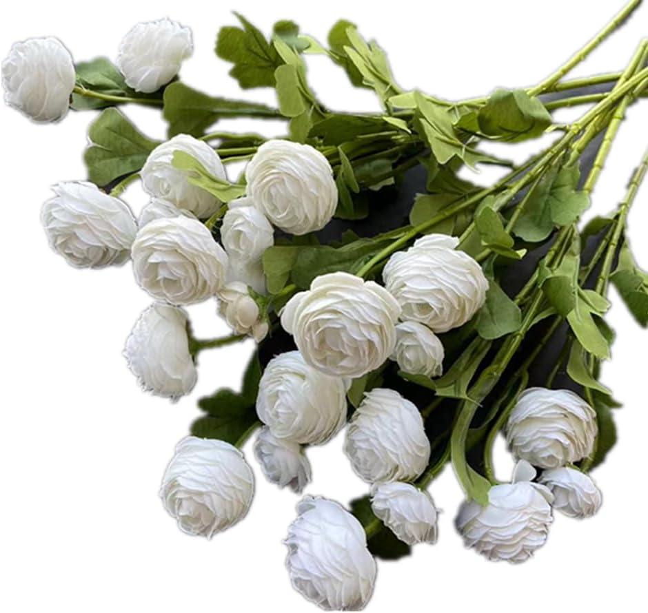 8pcs Artificial Ranunculus Asiaticus Flower Branch with Green Leaves 3 Heads Faux Peony Stem for Wedding Home Office Table Floral Decoration (White)