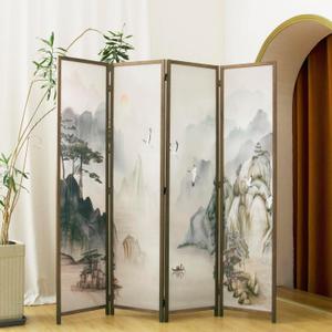 4 Panel Room Divider, 5.6 ft Tall Blackout Folding Privacy Screen - Double-Sided Freestanding Partition Wall with Different Patterns, Ink-wash Mountain Landscape for Home Office (67"H x 63"W)