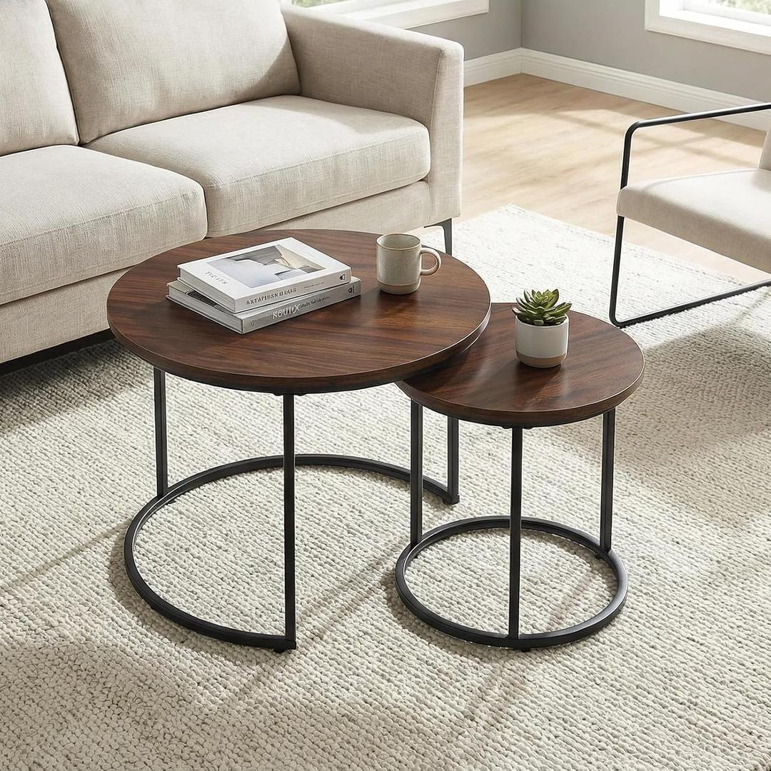 Round Nesting Coffee Table Set of 2, Modern Marble Pattern Wooden Nesting Tables, Stacking Minimalist End Table for Living Room Bedroom Small Space, Wood Brown and Black