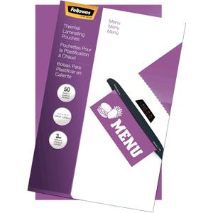 Fellowes Hot Laminating Pouches, 3 Mil, Menu Size, 50 Per Pack (52013)