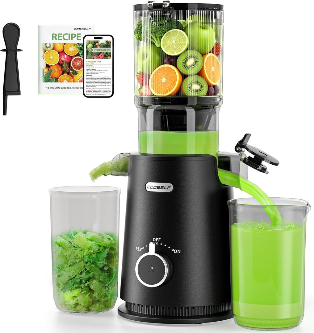 ECOSELF Juicer Machines Easy to Clean, With Wide Mouth & Large Feed Chute For Whole Fruits & Vegetables, Slow Masticating Juicer Hands-Free, Quiet Motor, Cold Press Juicer For Family, With Pusher
