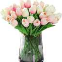 20pcs White Faux Tulips Flowers Fake Flowers Bouquets 13.5" Mother's Day Easter ValentineS Day Gifts in Home Kitchen Wedding Dining Table Decorations Aesthetic No Odor (White and Pink)
