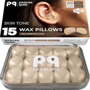 PQ Silicone Ear Plugs for Sleeping - 15 Wax Earplugs for Sleep and Swimming Ear Plugs, Soft Ear Covers for Sleeping and Water Ear Plugs, Wax Ear Plugs Noise Cancelling 32Db, (15 Pillows), Skin Tone