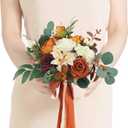 Rinlong 1Pc Burnt Orange Fall Wedding Bouquets for Bridesmaids, Terracotta Silk Flowers for Bridal Party, Premade Floral for Destination Wedding, Prom & Homecoming (one, 01-terracotta & Green)